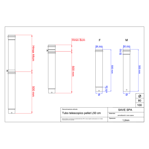 Kouřovod trubka pro peletová kamna pr. 80 teleskopická 500-940 mm