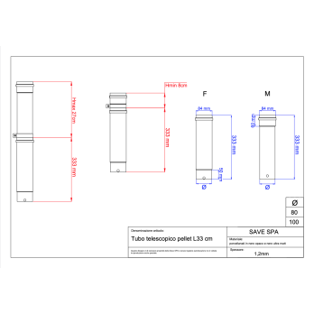 Kouřovod trubka pro peletová kamna pr. 80 teleskopická 330-600 mm