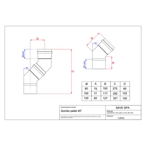 Koleno kouřovod peletová kamna průměr 100/45° černý  matný smalt