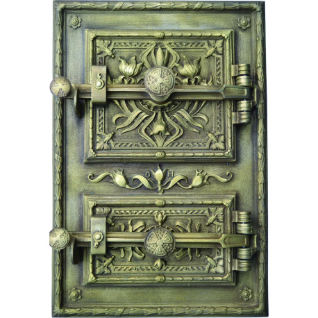 Litinový kamnový štít  -  IRIS - mosaz-patina